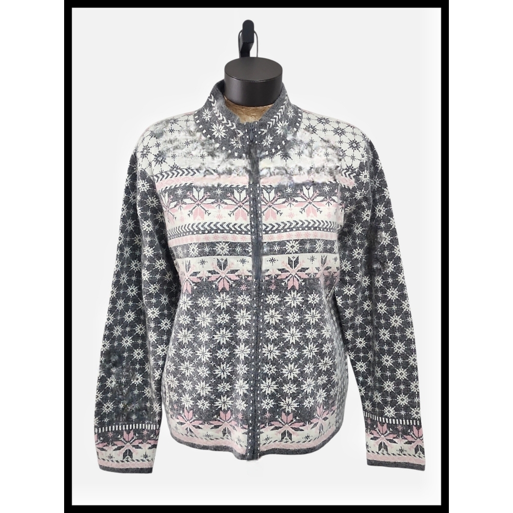 Icelandic Design Zipper Cardigan Sweater Snowflake Angora Blend Gray Pink Large